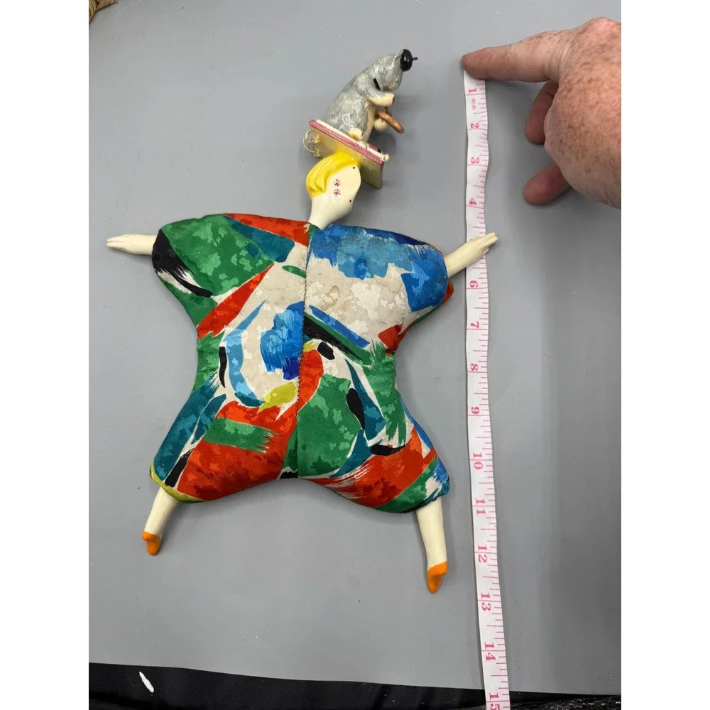 Vintage Art Doll Ceramic Cat Artist Painter Abstract Print Harlequin 12.5